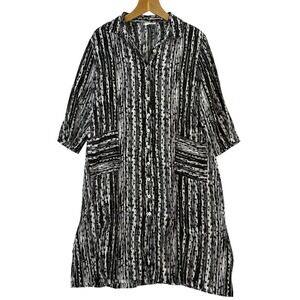 Komil Grafton Black White Abstract Print Shirt Dress Womens L Lagenlook Artsy